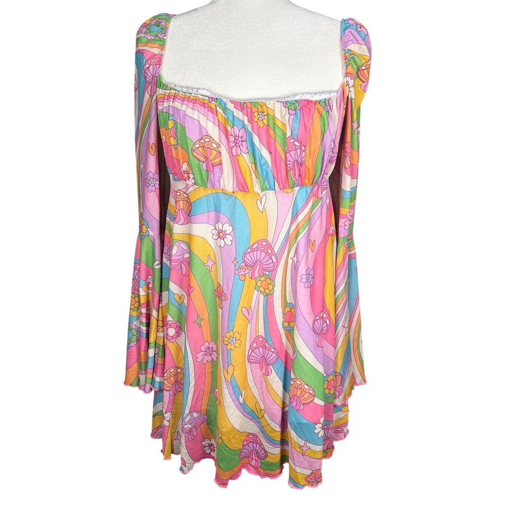 Sugar Thrillz Dolls Kill Psychedelic Mushroom Rainbow Bell Sleeve Mini Dress XL